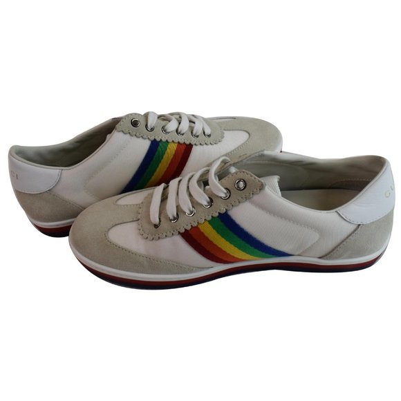 Gucci White Suede Stripe Rainbow G74 Leather Sneak - Picture 2 of 7